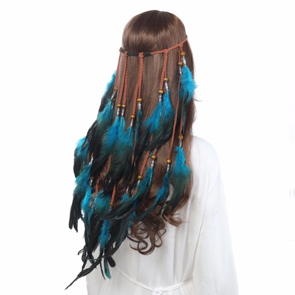Bohemian Long Blue Feather Headdress Headband - Picture 6 of 14